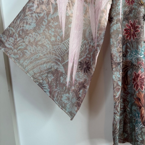 Vintage 90s Fairy Top Asymmetric Bell Sleeve Beaded Pink Retro Angel Chicos L - Picture 2 of 9